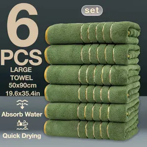 6pc Luxury Coral Fleece Towel Set, 6 Large Towels 50x90cm, 300gsm, Super Soft, Highly Absorbent, Fast Drying, Gold Embroidery, Multifunctional Towel