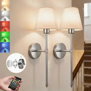 2-Piece LED Rechargeable Wall Light Set, Modern RGB Bulbs with Remote Control, Adjustable Fabric Wall Lamp for Bedroom Living Room Study Hallway