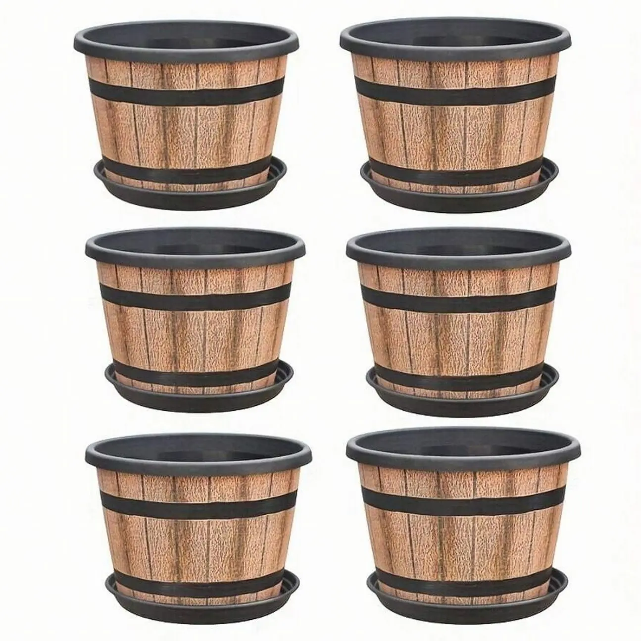 6pcs Set Of Flower Pots, Whiskey Barrel Flower Pots With Drainage Holes And Trays, Plastic Decorative Flower Pots Designed To Imitate Wine Barrels, Suitable For Indoor And Outdoor Garden Home Plants Brown