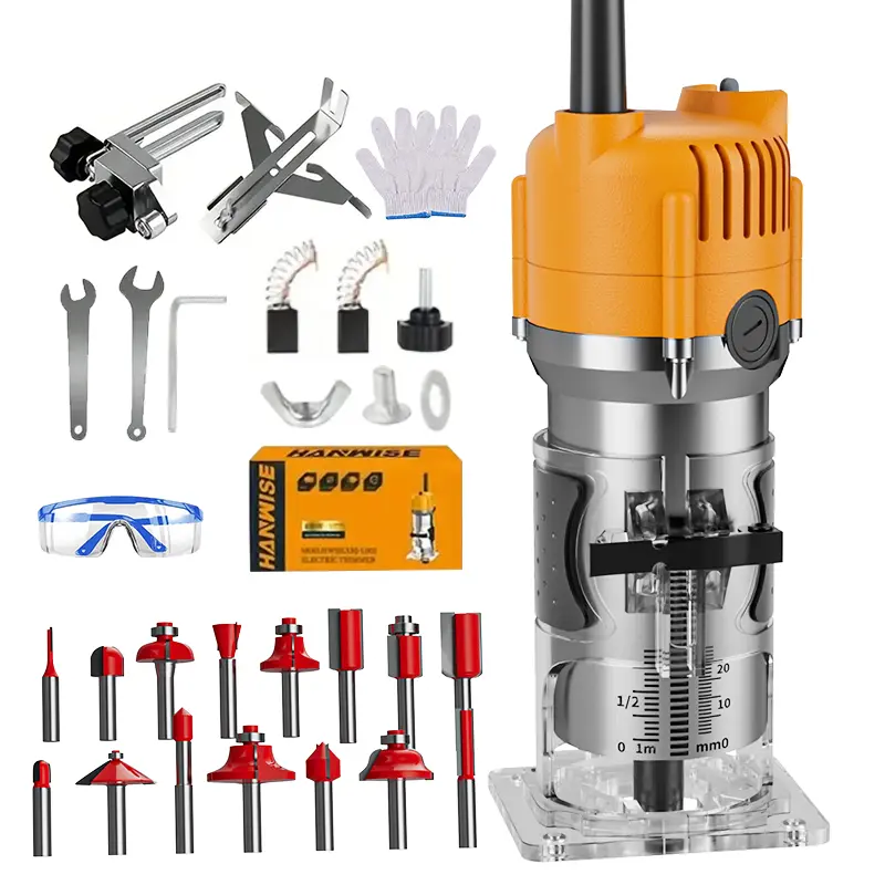 HANWISE Compact Wood Router Trimmer - 800W Power, 6.1A, 35000 RPM High Speed, 15.25in Cutter Head Set, for Edge Trimming, Grooving, Wood Surfaces, W/ Bits, Guides, Wrenches, Ideal for DIY Users, Woodworking