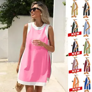 SCUSTY Women's Casual Two Piece Sets Color Block Crewneck Sleeveless Pullover Tops Matching Shorts With Pockets