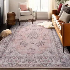 Machine Washable Non-Slip Area Rug, Vintage Pink Gray Floral Print Shag Carpet, Soft Distressed Medallion Pattern for High-Traffic Living Room, Bedroom, Dining Room-S