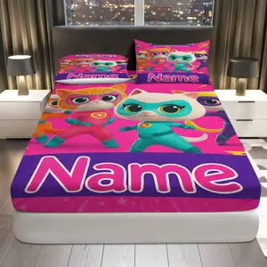 3Pcs  Superhero Cat Fitted Sheet Three Piece Set (1*Fitted Sheet+2*Pillowcases, Coreless),  theme,  Animal Bedding Set, Mattress protector Soft, Breathable