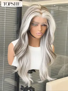 Topshe 13x6 Lace Front Wig, Medium-Length Wavy Hair with Highlights, Natural-Looking Lace Frontal Wig for All-Season Wear