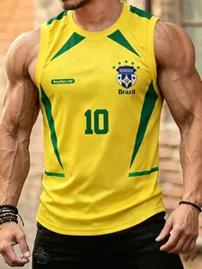 Men's Brazil #10 Jersey Sleeveless Tank Top, Retro Football Athleisure Workout Tee, Breathable Muscle Training Shirt for Streetwear, Outdoor Sports & Casual Daily Wear, Y2K Street Style Fitness Top Gym Wear, Sports Slim Fit