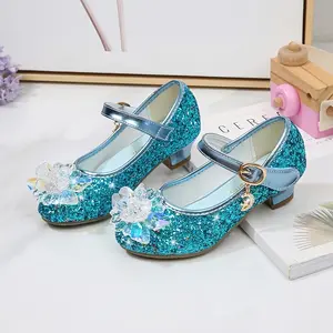Girls Elsa Princess Shoes Spring And Autumn Sandals Frozen High Heel Crystal Single Catwalk Small Faux-Faux Leather