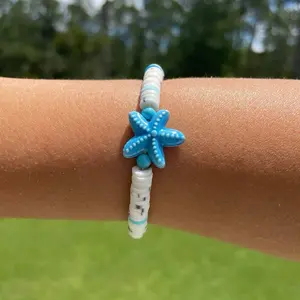 Speckled Starfish Stretchy Clay Bead Bracelet - Blue, White - Summer, Beach