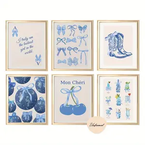 2D Flat 6pcs Frameless Fashionable Blue Bow Wall Art, Decorative Artwork, Preppy Poster, College Apartment Decoration, Watercolor Bow Poster, Stylish Room Decoration, Girl's Wall Art Bedroom Wall Decoration Poster