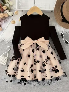 Girls Flowers Mesh Stitching Round Neck Long Sleeve Midi Dress Elegant Fashion Dress With Belt For Spring Fall