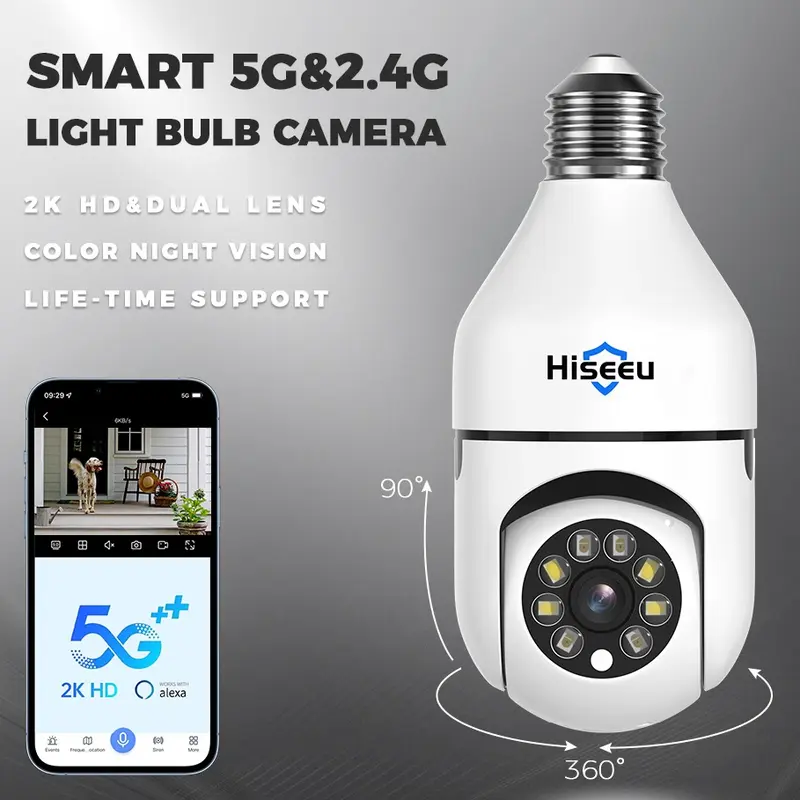 Hiseeu 360° View WiFi Indoor Light Bulb Camera - Home Security CCTV System, 2.4GHz & 5GHz WiFi, 2-Way Audio, Motion Sensor, 3MP HD, PTZ, Full Color Night Vision, Micro SD/Cloud Storage, Alexa Compatible, E26/E27 Socket, Auto Focus