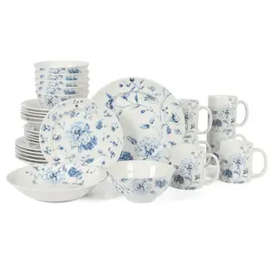 Martha Stewart Empress Bouquet 30-Piece Decorated Porcelain Dinnerware Plates and Bowls Set - Blue Floral