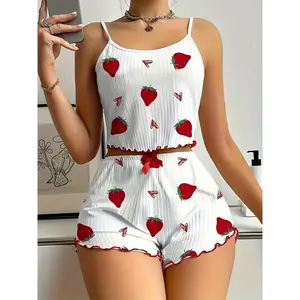 Cute Women'S Strawberry Print Sexy Lace Trim Pajama Set with Round Neck, Thin Strap Top and Bow Accessory Shorts, Comfortable Loose Fit Summer Sleepwear