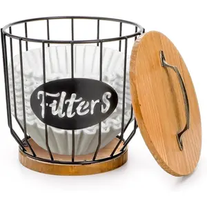 yarlung Coffee Filters Holder with Lid, Large Capacity Coffee Pods Holder with Rustic Wooden Base, Black Wire K Cup Storage Basket for Kitchen Countertop, Cafe Bar Organizer