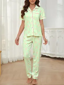 Women's Fall Winter Home Set, Smiley Face Print Sleepwear Pajamas, Casual Button Front Shirt & Elastic Long Pants, Soft Stretch Fabric