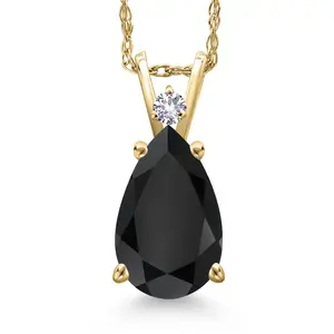 14K Yellow Gold Black Onyx and White Created Sapphire Pendant Necklace for Women | 2.81 Cttw | Gemstone December Birthstone | Pear Shape 12X8MM | With 18 Inch Chain