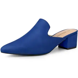 BLISSFUL STEP Slip on Pointed Toe Block Heels Slide Mules Royal Blue
