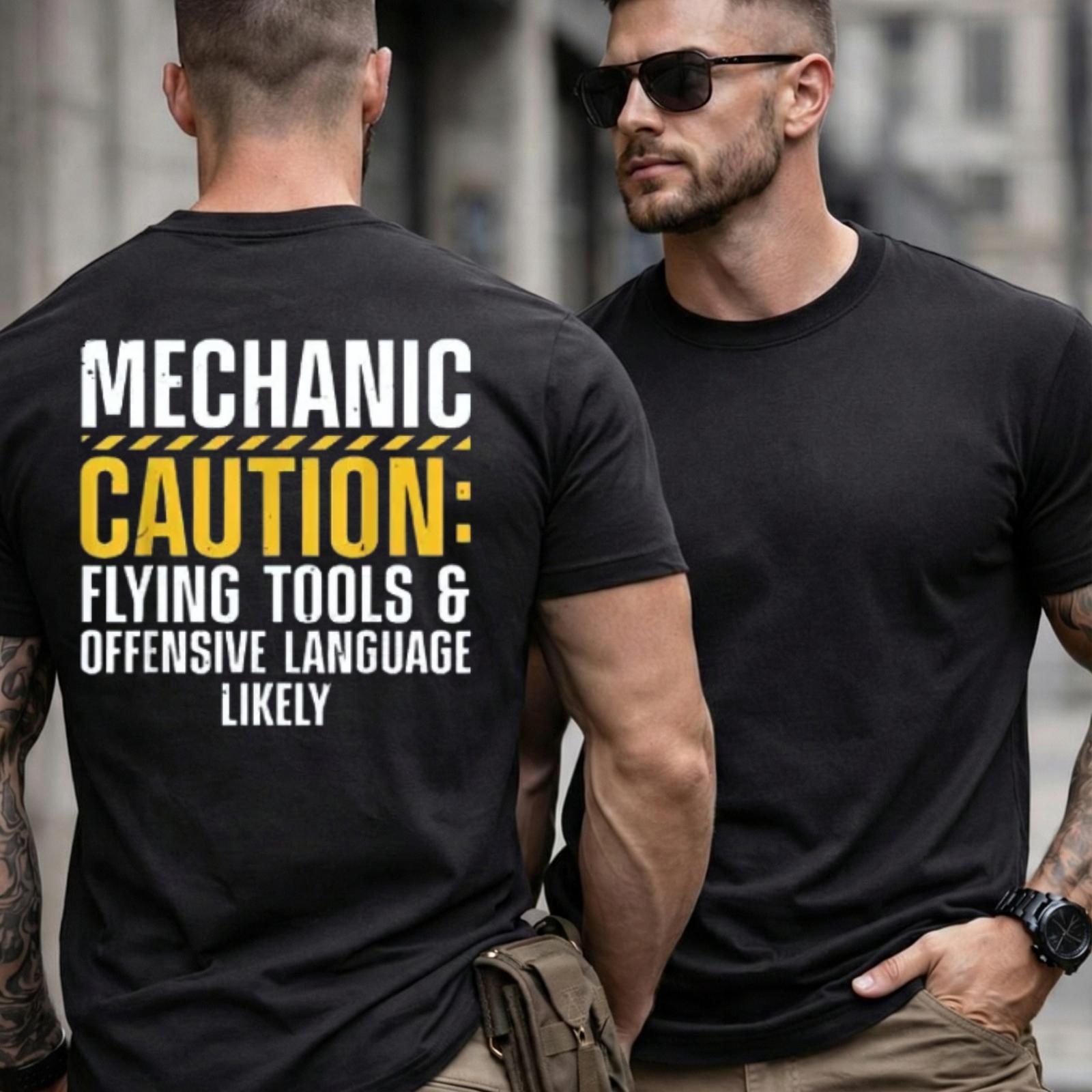 Casual Short-Sleeve Round Neck Soft Print T-Shirt – Unisex Mens Top, Mechanic Garage Auto Repair Worker Gift, Breathable Streetwear Apparel with Funny Caution Flying Offensive Language Likely