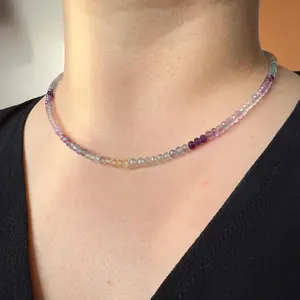 Natural Rainbow Fluorite 2mm Faceted Beaded Choker Healing Crystal Laying Dainty Necklaces Gift For Her