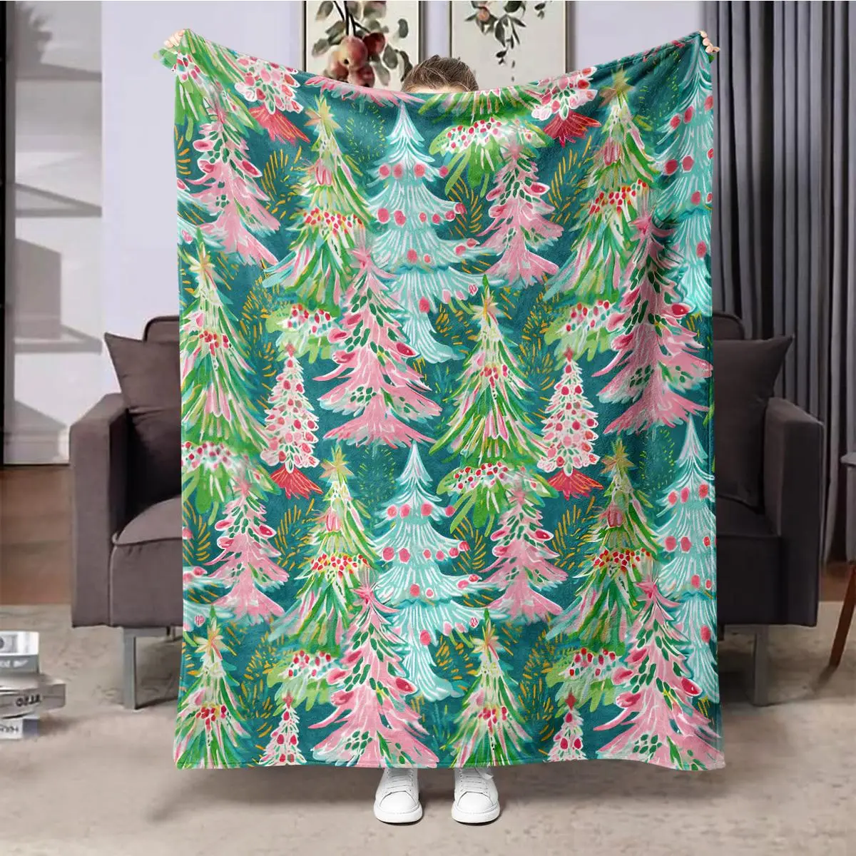 Christmas Tree Pattern Blanket, Soft Warm Throw Blanket, Air-conditioned Room Blanket, Warm Nap Blanket for Home Office Travel Camping