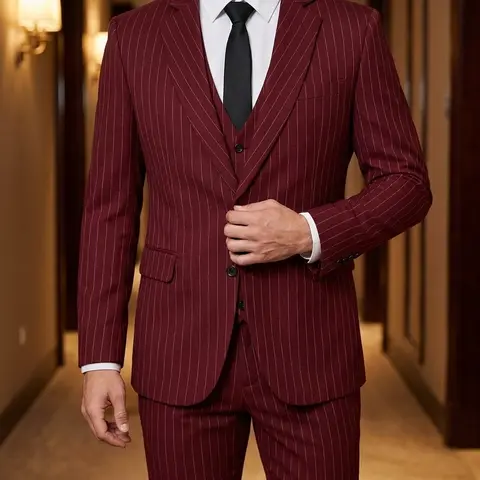 Men's Longsleeve 3-Piece Pinstripe Suit - Menswear Business Attire Clothes, Workwear, Formal Wear for Semi-Formal Weddings, Proms