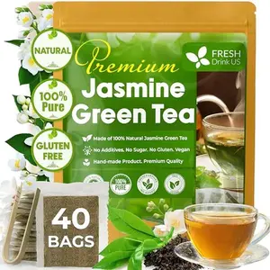 FreshDrinkUS, Premium 40 Jasmine Green Tea Bags, 100% Natural & Pure from Jasmine Green Tea. Jasmine Green Herbal Tea. Made with Natural Material Tea Bags. No Sugar, No Gluten, Vegan.
