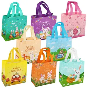 8pcs Bunny Rabbit Non-Woven Gift Bags，Reusable Easter Tote Treat Bags Bunny Bag Basket Container with Handles for Gifts Wrapping Egg Hunt Game Easter Party Supplies