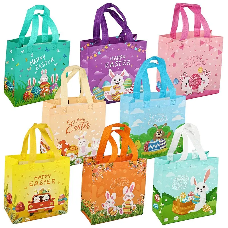 8pcs Bunny Rabbit Non-Woven Gift Bags，Reusable Easter Tote Treat Bags Bunny Bag Basket Container with Handles for Gifts Wrapping Egg Hunt Game Easter Party Favors Supplies