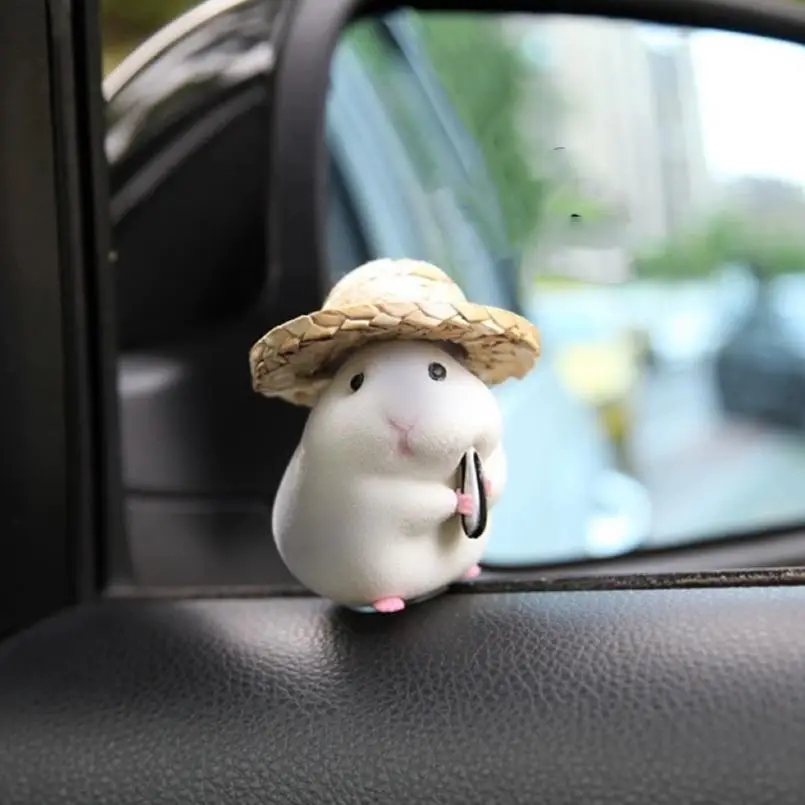 Straw Hat Hamster Car Ornaments, Sticky Car Interior Accessories Dolls, Car Dashboard Decoration For Gift Giving, Car Accessories