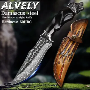 ALVELY Handcrafted 10 inches Damascus Steel Fixed blade hunting knife，with leather case，wolf head metal and ebony Handle，EDC Belt Knife for Men，Survival Camping Knife fishing travel knife