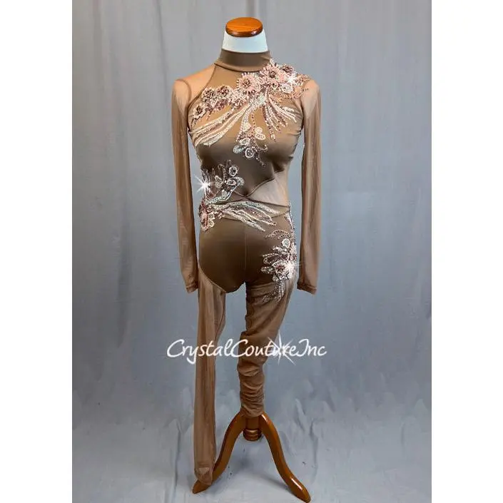 Bronze Long Sleeve Unitard - Appliques & Rhinestones