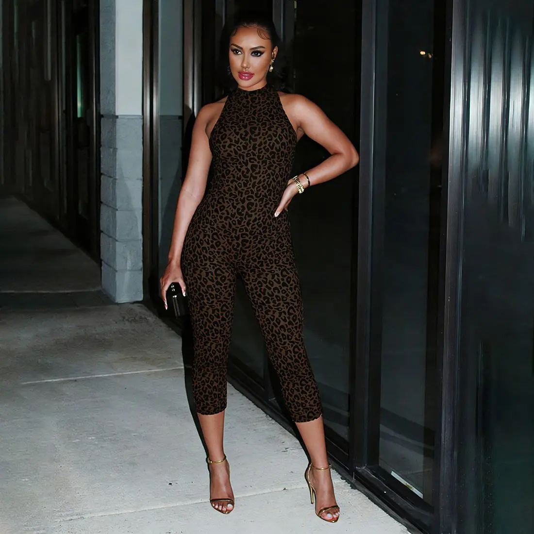 Leopard Print Halter Jumpsuit Open Back Bodycon Sexy Leopard Halter Top Open Back Jumpsuit Wild Leopard Print Halter Neck Backless Jumpsuit Curvy Leopard Print Halter Jumpsuit Slim Fit Halter Neck Leopard Print Open Back Catsuit