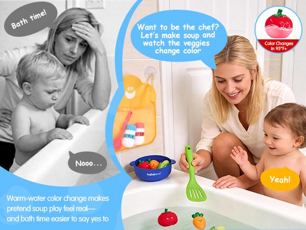 hahaland Color Changing Vegetable Soup Bath Toy Set for Toddlers 12m+, 15-Piece Set with Veggies, Pot, Spoon, Mesh Bag, No-Hole Mold-Free Smooth Plastic Easy-Grip All-Seasons Playset, Gift, Holiday, Color Change in 95°F+ (35°C+) Water hahaland Color Changing Vegetable Soup Bath Toy Set for Toddlers 12m+, 15-Piece Set with Veggies, Pot, Spoon, Mesh Bag, No-Hole Mold-Free Smooth Plastic Easy-Grip All-Seasons Playset, Gift, Holiday, Color Change in 95°F+ (35°C+) Water