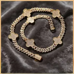 8mm Hip Hop Style Four Leaf Clover Moissanite Tennis Bracelet Necklace Iced Out Diamond Look Simple Versatile Small Cuban Link Clasp Chain Unisex Luxury Jewelry Gift