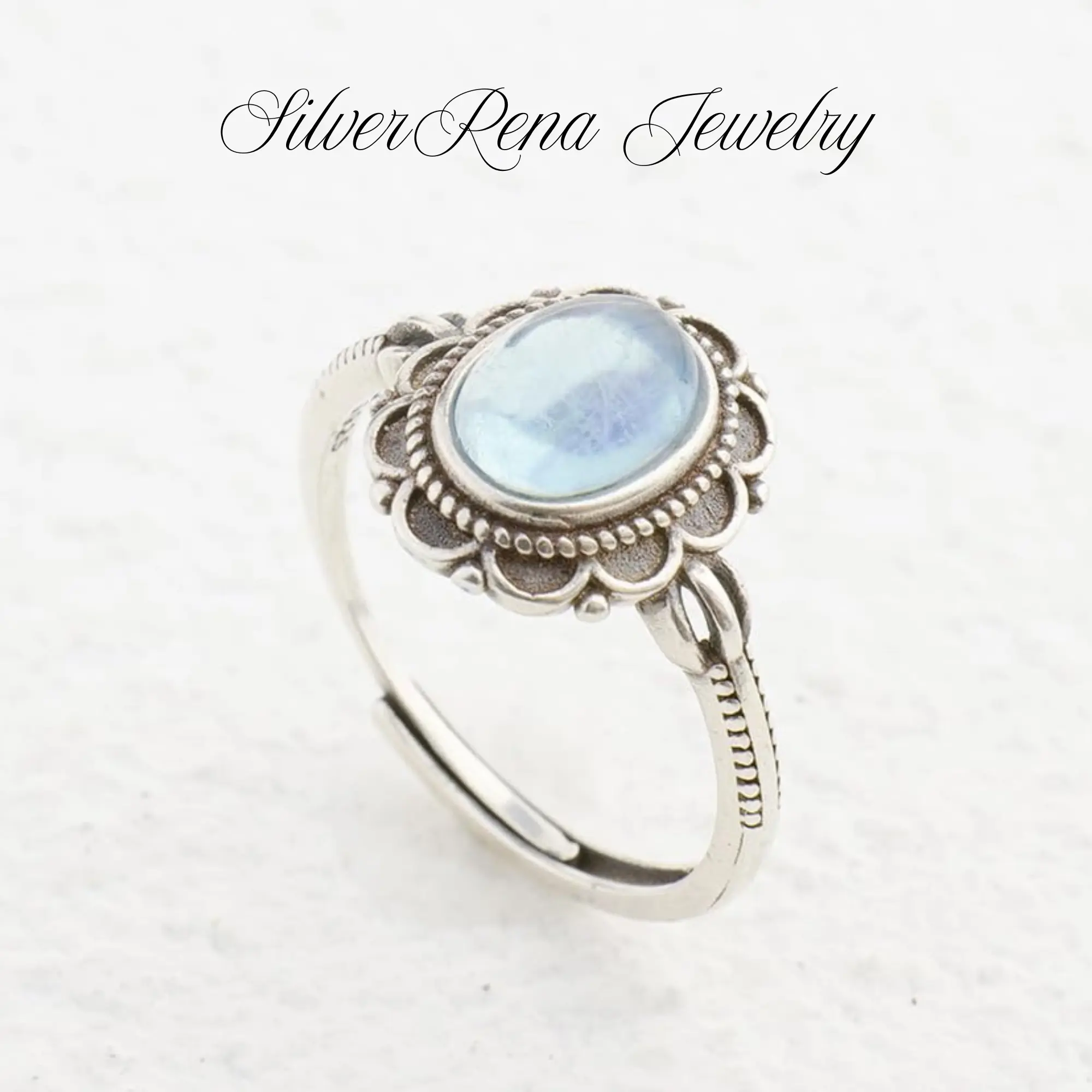 S925 Sterling Silver Vintage Ring with Oval Cut Synthetic Moonstone, Romantic Lace Design for Women, March Birthstone Jewelry Gift for Girl, Female, Birthstone March, Adults, Gatherings, Romantic Accessories, Daily Wear