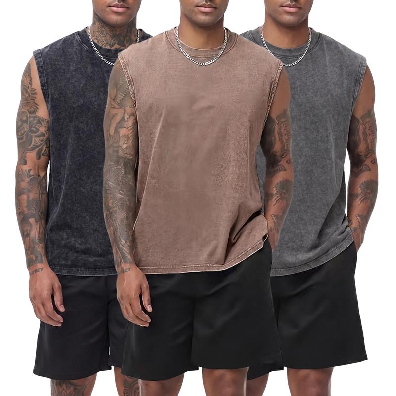 3-pack vintage textured pure cotton sleeveless T-shirts with a distressed wash; crew neck, wide shoulders; casual athletic base layer tank tops for sports, leisure, fitness, running, and basketball.