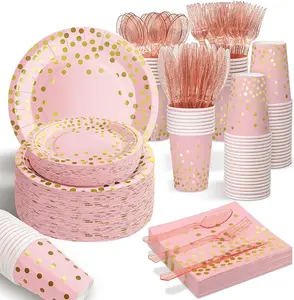 Rose Gold Party Decorations Tableware Set – 175PCS Disposable Dinnerware Kit with Plates, Cups, Napkins & Plastic Cutlery for 25 Guests