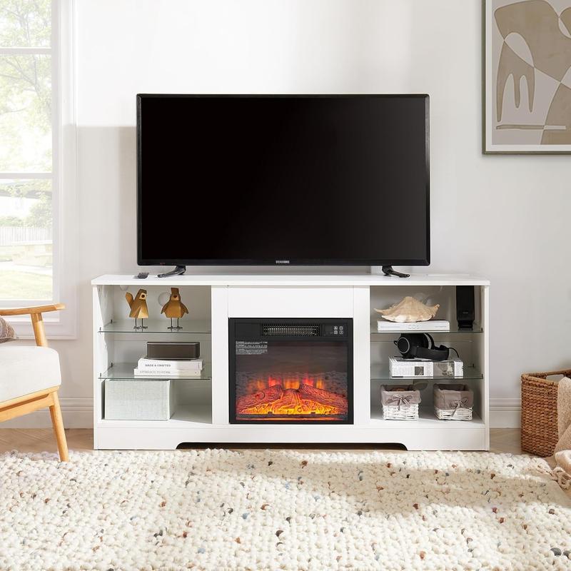 TV Stand Electric Fireplace TV Stand with Glass Shelves, 3D Fireplace TV Stand with LED Lights Wood with USB Charging Outlet Modern Television Table Center for TV up to 32-62" (White)