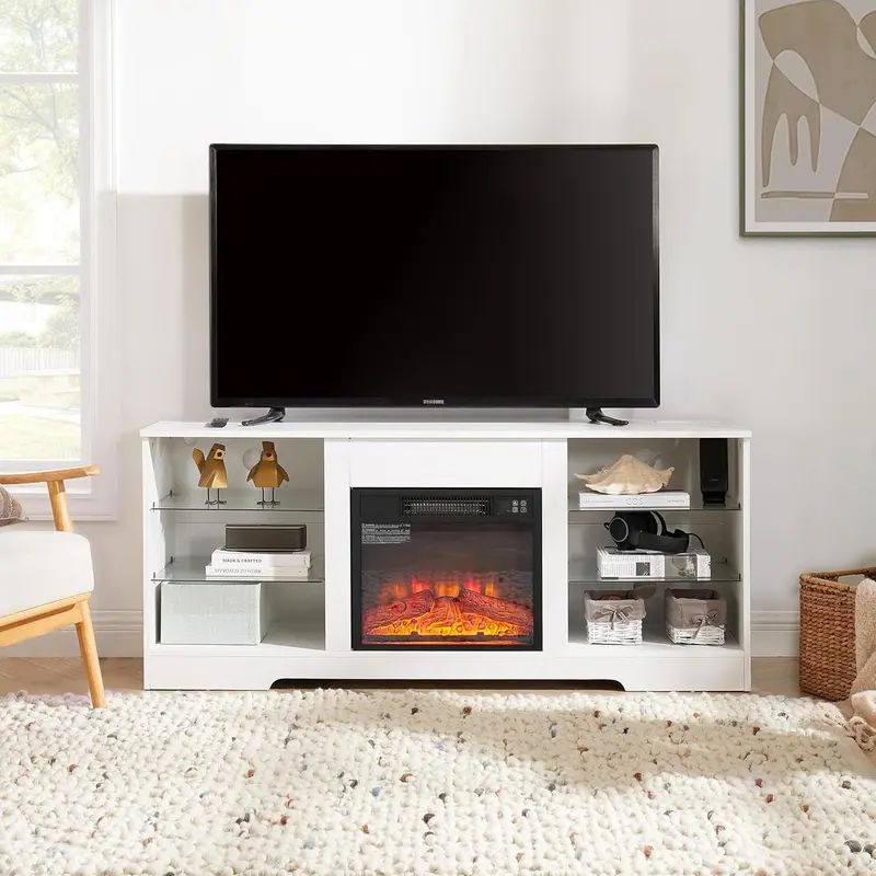 TV Stand Electric Fireplace TV Stand with Glass Shelves, 3D Fireplace TV Stand with LED Lights Wood with USB Charging Outlet Modern Television Table Center for TV up to 32-62" (White)