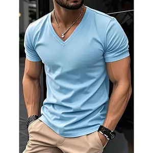 [Summer T-Shirt] Lightweight Breathable Men's V-Neck Short Sleeve T-Shirt |   Casual Fit, Solid Black, Perfect for Summer, High-Quality Knit Fabric, Everyday Tshirt |   Casual Style |   Comfortable Fit