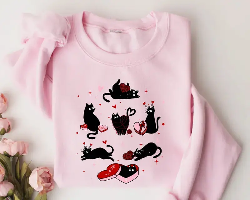 Valentine Black Cat Sweatshirt, Black Cat Love Shirt, Kitten Valentine Shirt, Cat Lover Gift, Cat Mom Sweater, Lover Gift