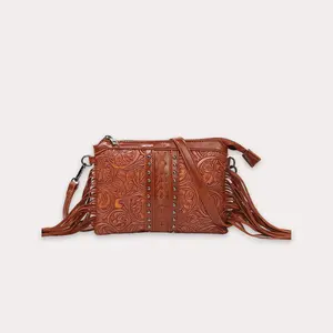 Leather Fringe Crossbody Bag Small Purse for Women Wristlet Fringe Bag Western Purse Braided Rivet Detail smooth zipper