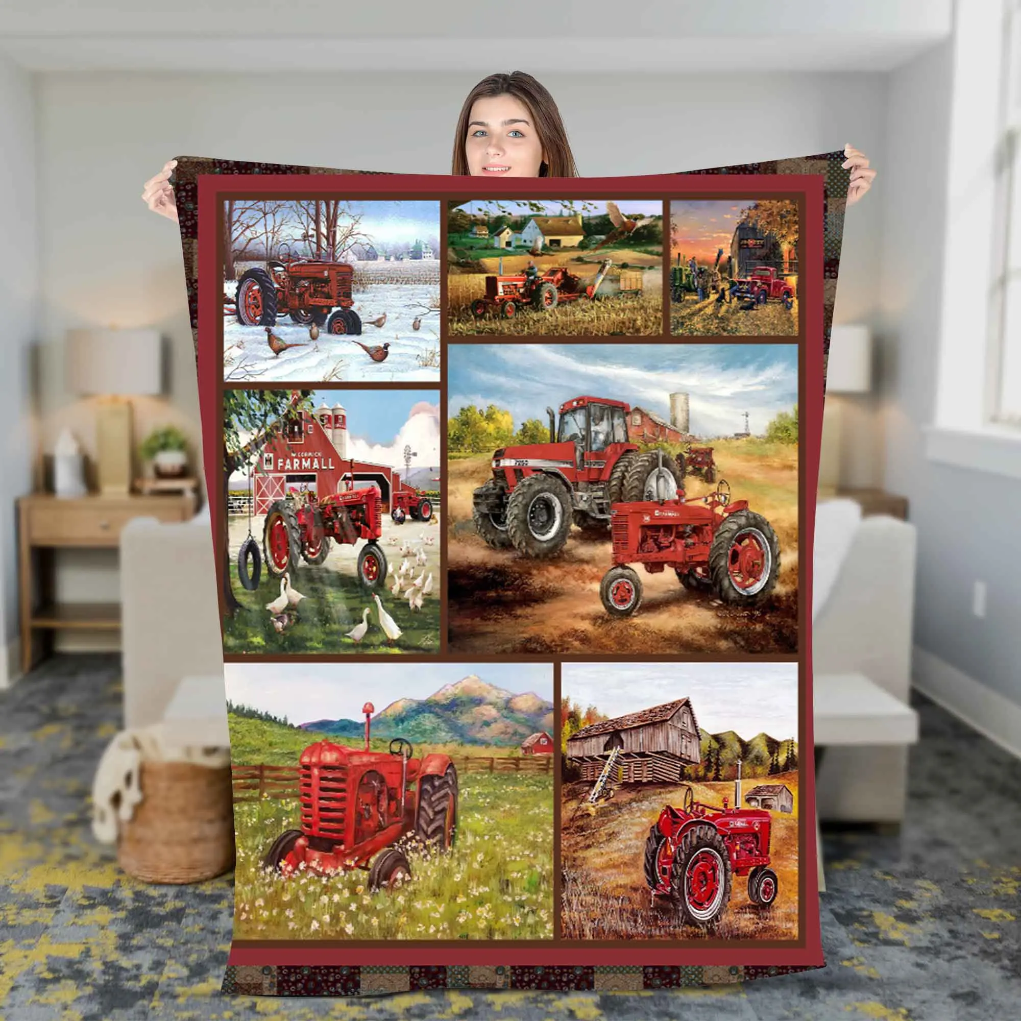 Red Tractors Fleece Sherpa Christmas Blanket for Cozy Sleep - Modern Style - Blanket for Son, Grandson - Soft and Cooling
