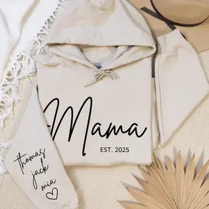 Mama Est 2025 Sweatshirt Custom Kids Names on Sleeve, Personalized Mama Hoodie, Kids Names On Sleeve Hoodie, Mother's Day Gift, Pregnancy Announcement