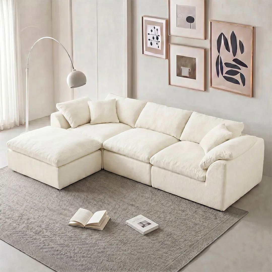 Cloud Couch Sectional for Living Room, Modular L Shaped Boneless Sofa with Chaise, Compressed No Assembly Couch, Deep Seat Chenille Upholstered Convertible Sofa Bed