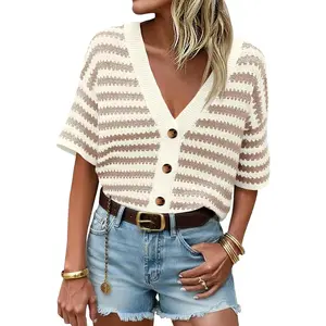 Saodimallsu Women's Casual Short-Sleeve Striped Crochet Knit Cardigan, V-Neck Button-Down Spring Summer Tops (Global Availability)