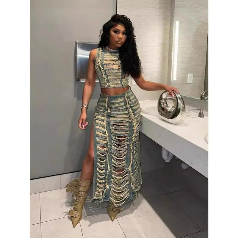 Women's Denim Set Fashionable Handmade Distressed Vest High Slit Denim Skirt Set Clothes Suits(Sheets)