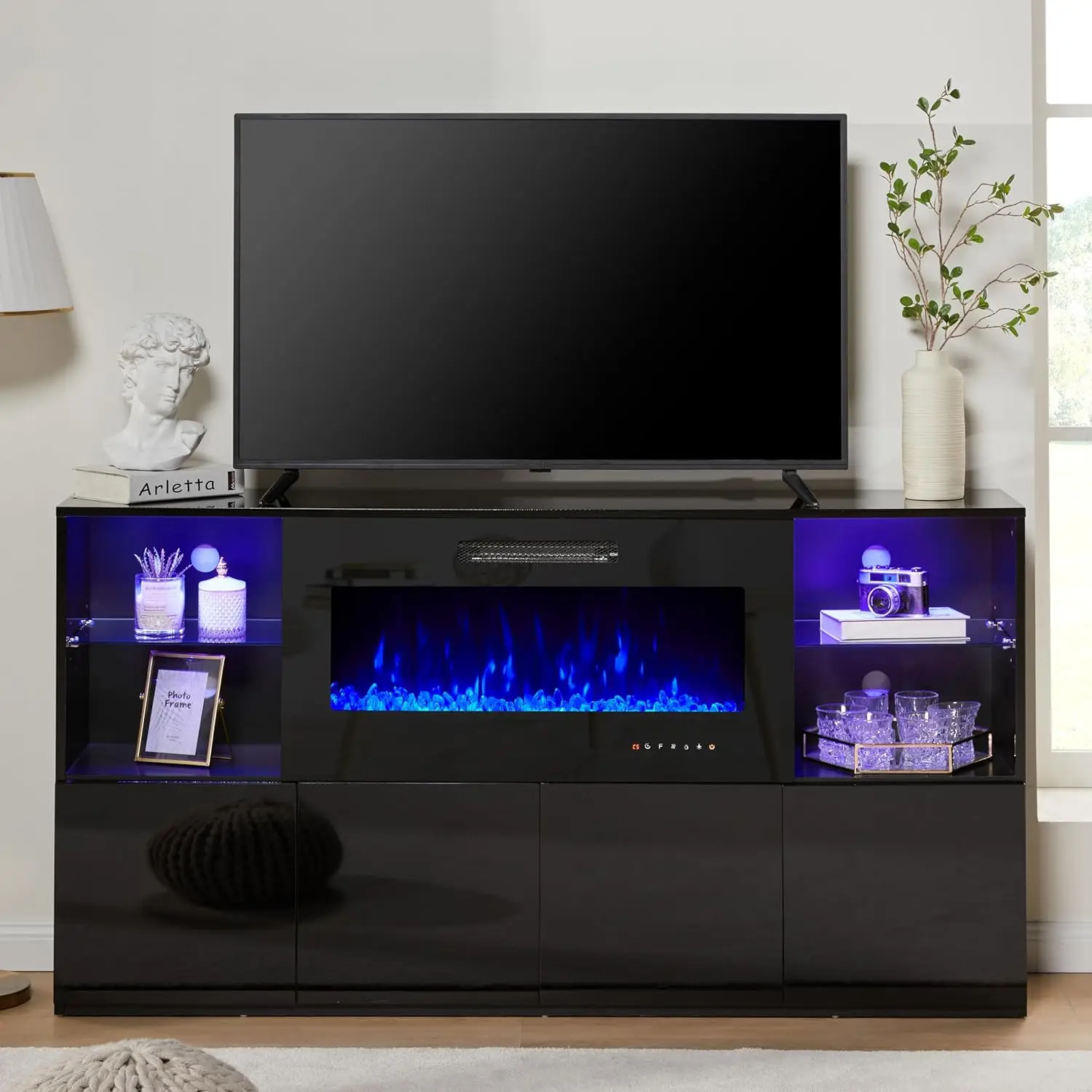 [TikTokShopfalldealsforyou]AMERLIFE Modern High Gloss 68" Fireplace TV Stand, Media Entertainment Center with Electric Fireplace & LED Lights for TVs