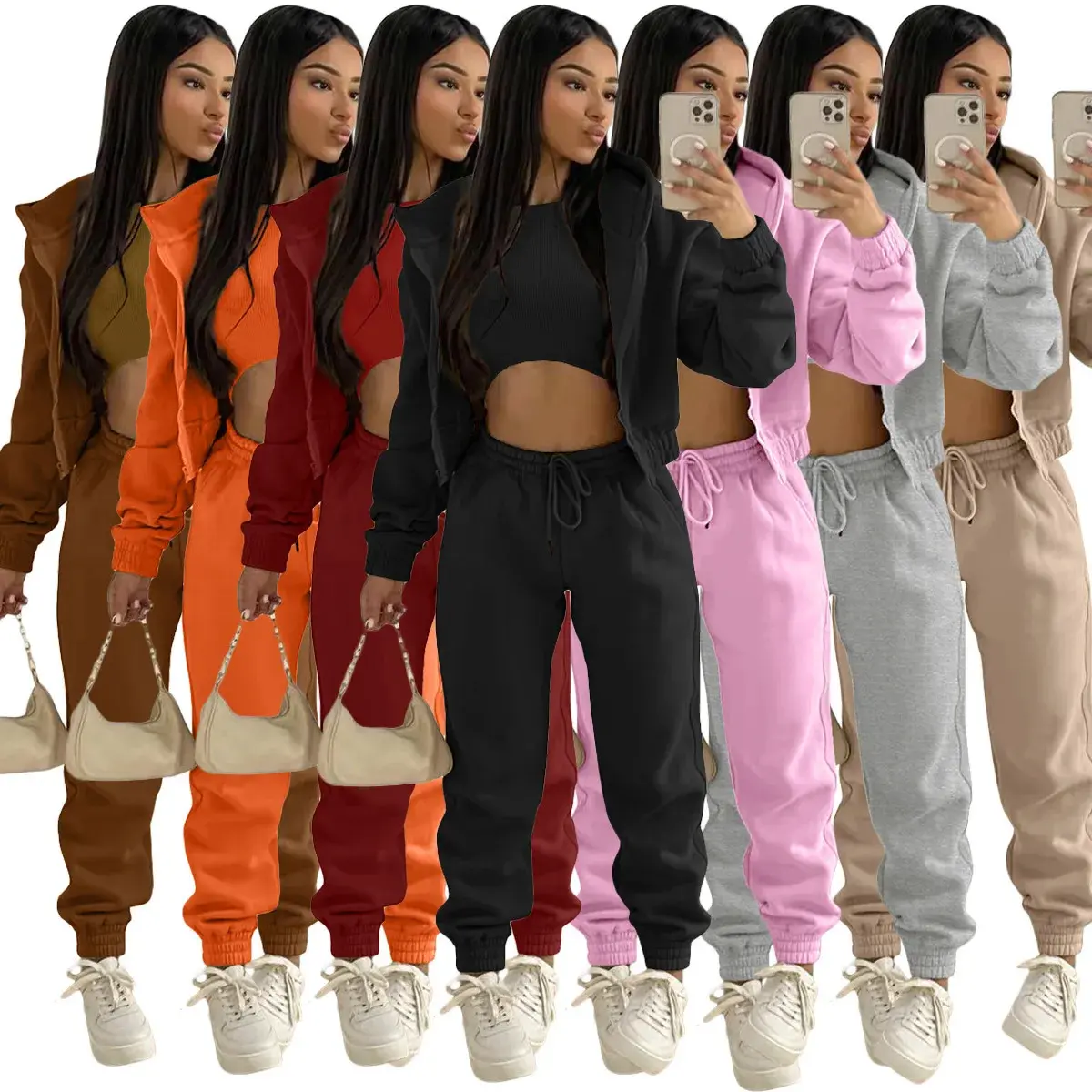 3pcs Women's Clothing Set Fleece-lined Hooded Sweater &Sleeveless Tank Top & Sports Sweatpants Pants knit long sleeve pullover top casual fashion Retro Punk Rock Band White Tracksuits Set Two-Piece Lounge Tracksuit breathable yoga tight-fit