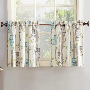 No. 918 Hoot Owl Print Semi-Sheer Rod Pocket Kitchen Curtain Tier Pair, 56" x 24", Mocha
