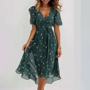 Printed women's dress elegant V-neck long dress ruffled floral skirt casual large size loose dress